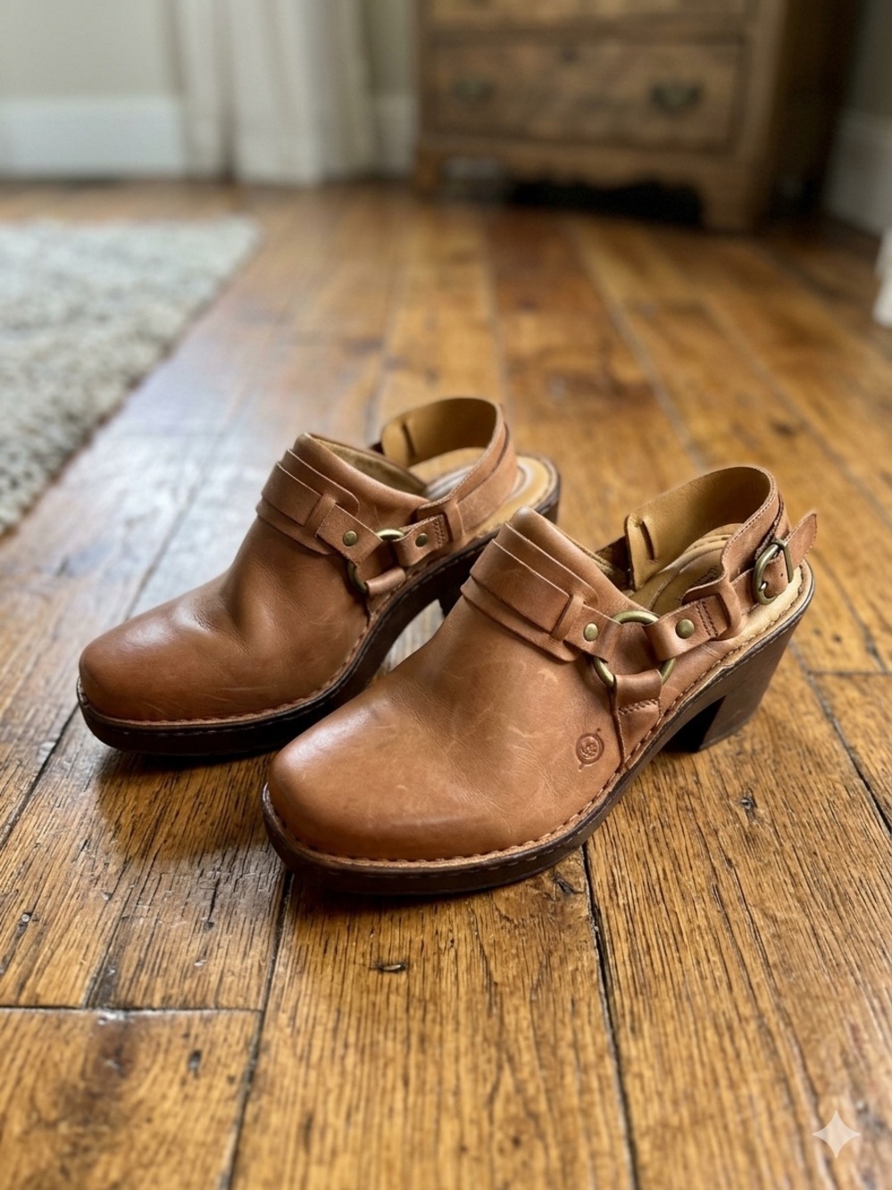 Born Cognac Leather Slingback Clogs with Buckle Strap